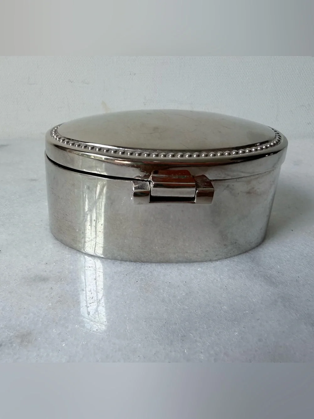Vintage Oval Silver-tone Trinket Jewelry Box monogrammed